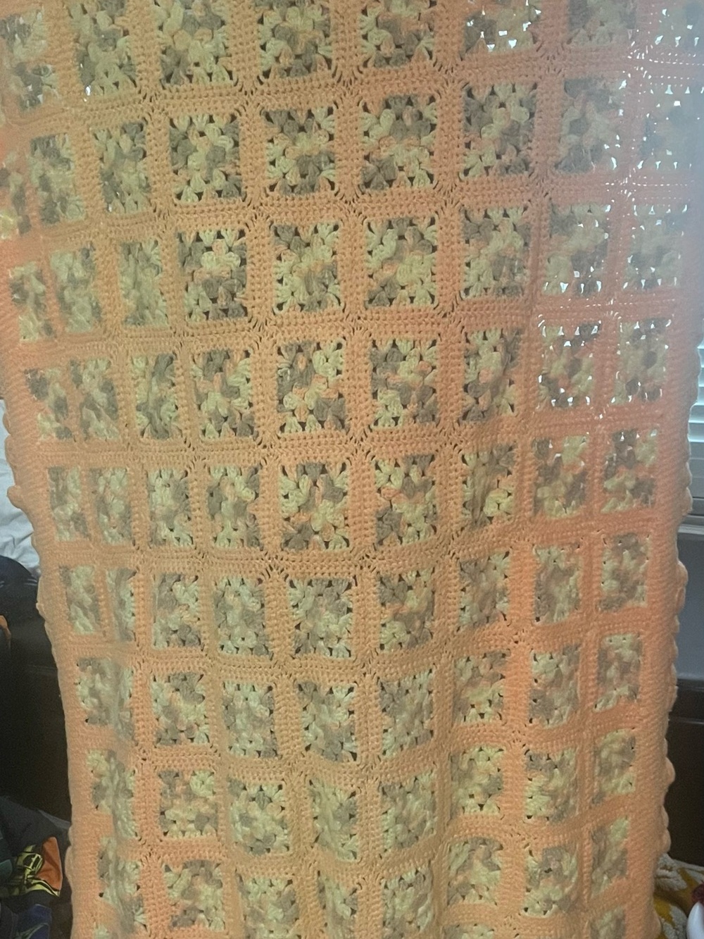 VTG Handmade Peach and Yellow Crochet Granny Square Throw